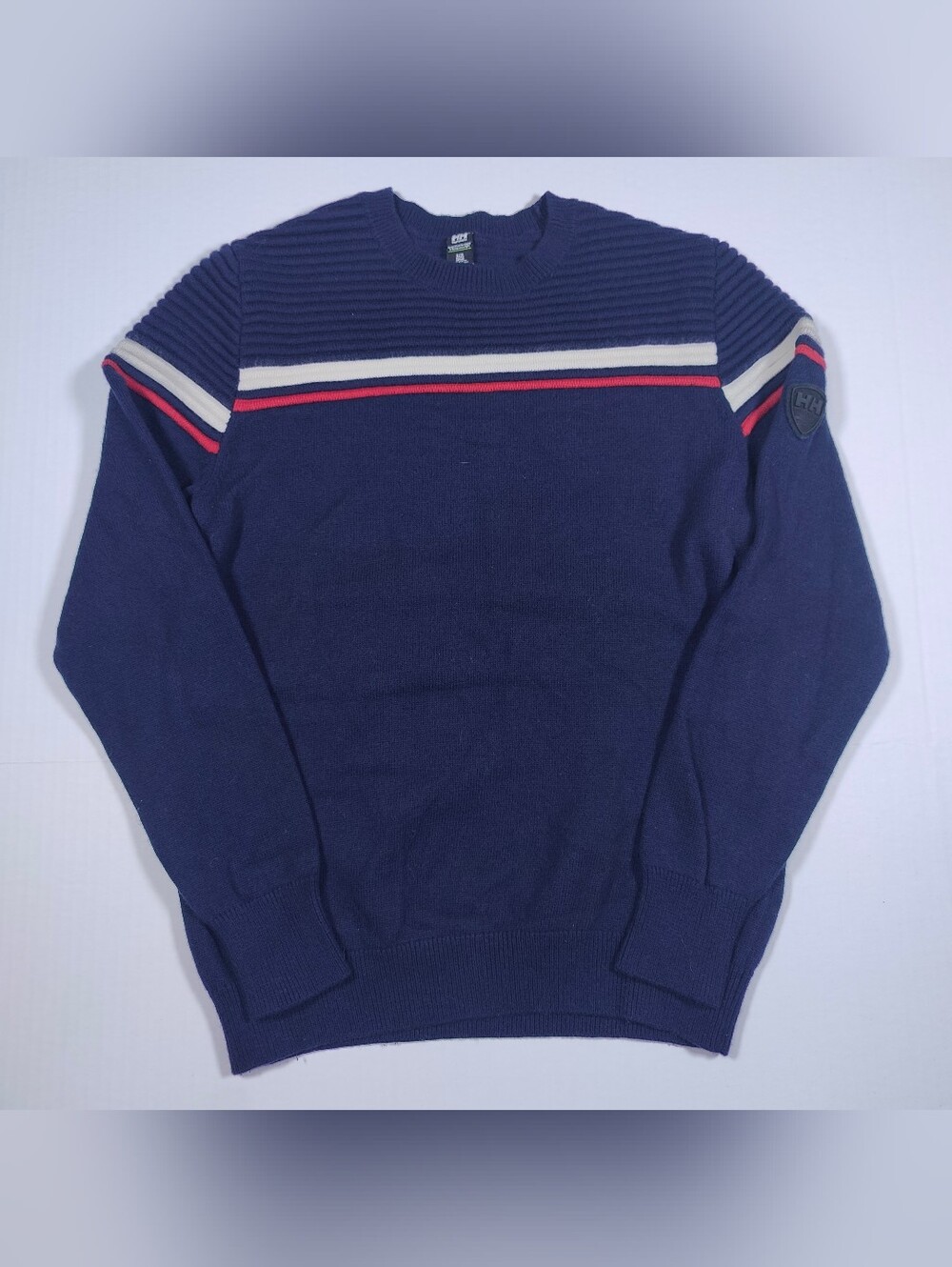 Helly Hansen Navy Wool Blend Red White Striped Ribbed Sweater Size S